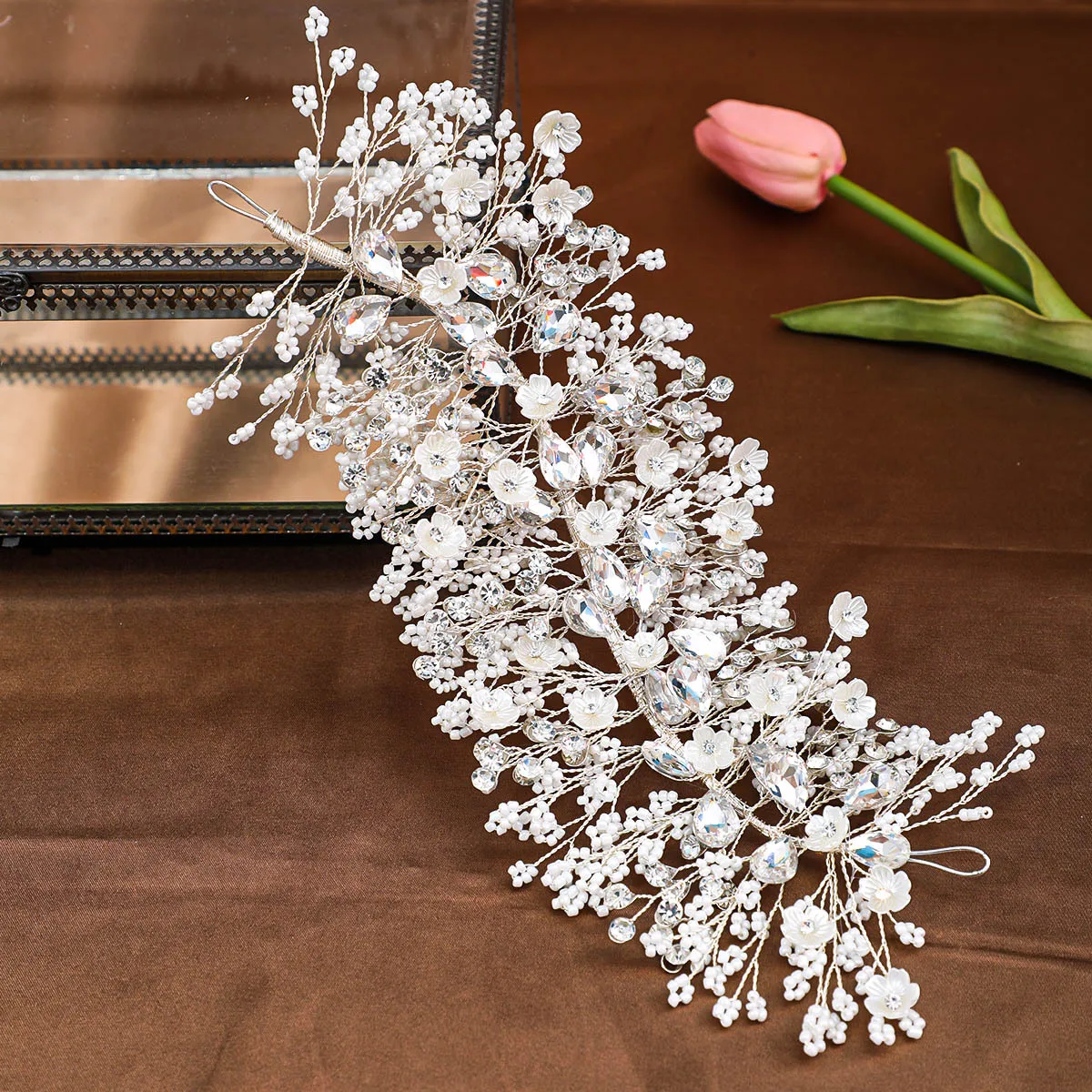 Rhinestone Headband White Flower Crystal Hairband Tiara Girl Prom Party Bridal Wedding Hair Accessories Jewelry Headband Set