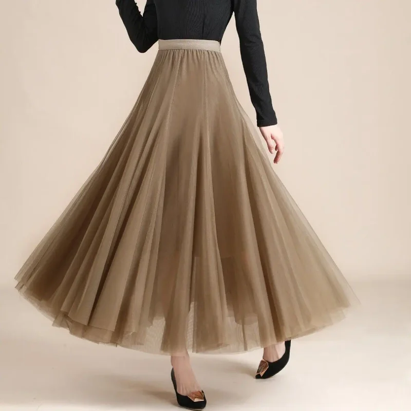 720 Degree Spring Summer Women Midi Long Skirt Ladies Elastic A-line High Waist Skirt Female Pleated Mesh Dance Skirt