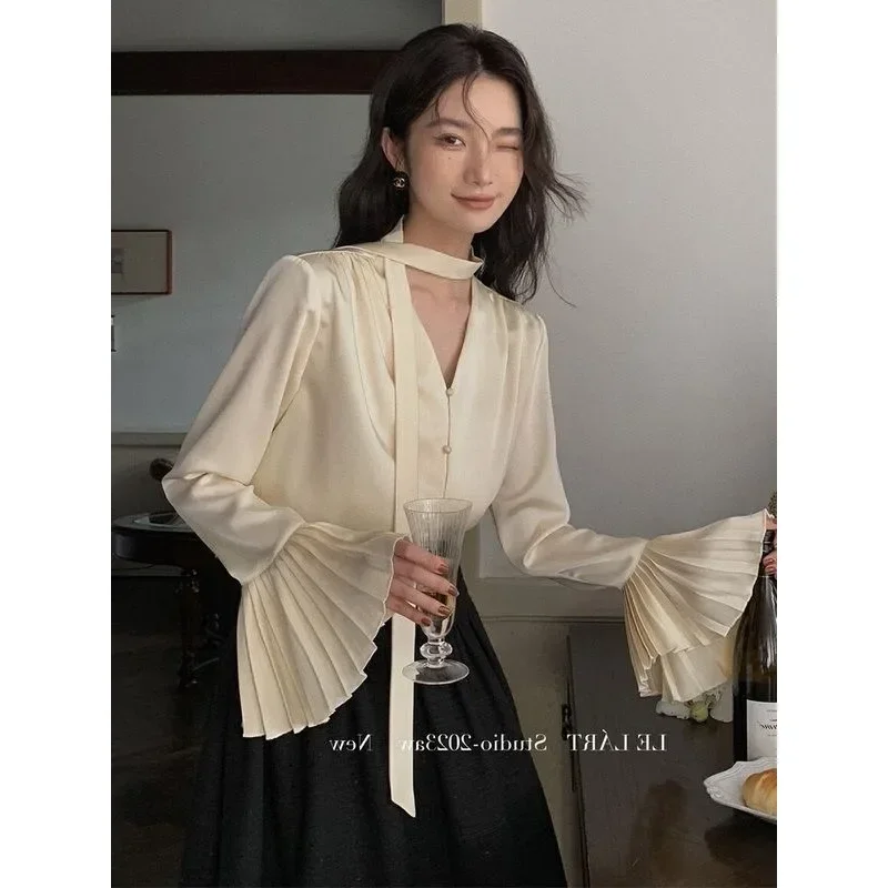 QWEEK Korean Style Luxury Solid Shirts Flared Sleeve Elegant and Youthful Minimalist Blouses Oversized Women\'s Clothing Autumn