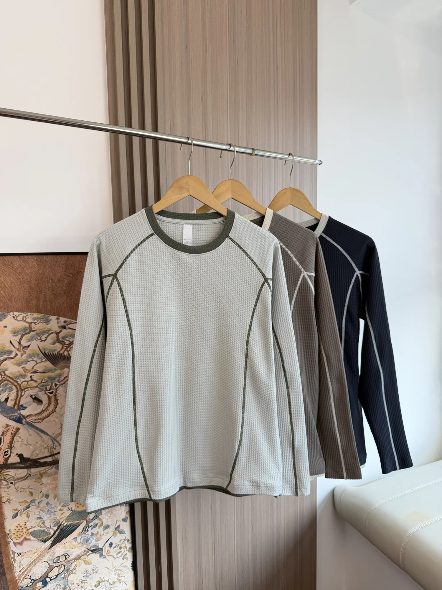 Long Casual round Neck T-Shirt Men's Autumn Season Color Block Stitching 3D Tailoring Comfortable Breathable Fashion Streetwear