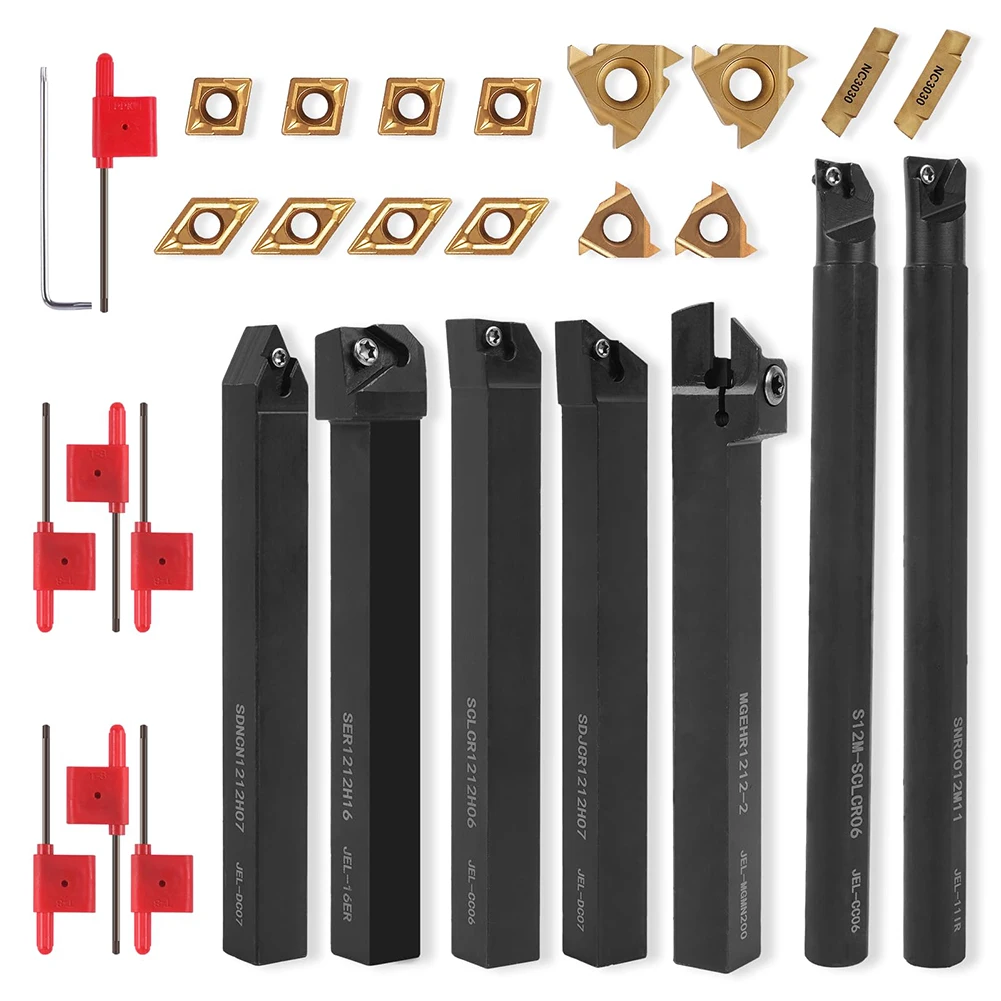 21pcs Indexable Lathe Turning Tool Kit Metal Lathe 1/2 Turning Tool Holders Carbide Turning Inserts Eight Matching Wrenches