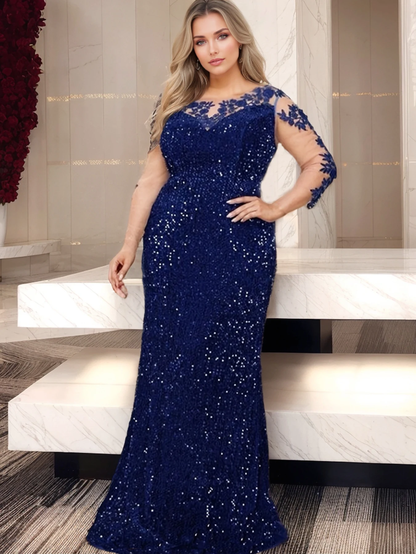 Blue O Neck Sequin Formal Evening Dress Long Sleeves See-through Mesh Stretchy Floor Length Women Party Elegant Wedding Dresses