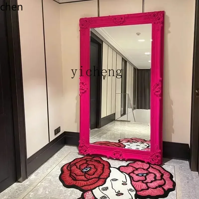 French retro flocking carved full-body mirror American home living room wall full-length mirror ins wind art floor mirror