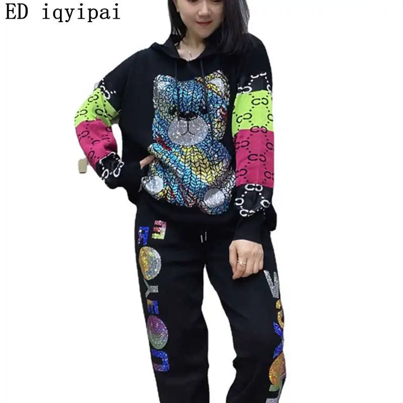 ED iqyipai Patchwork Diamonds Sweater Set With Long Pants Women Autumn Tracksuit Casual Knitting Hooded Tops And Jogger\'s Trouse