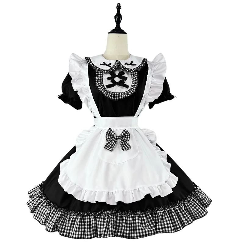 

Anime Maid Cosplay Attire Japanese Sweet Lolita Outfit Festival Party Costume Doll Neck Bubble Sleeve Plaid A-line Mini Dress