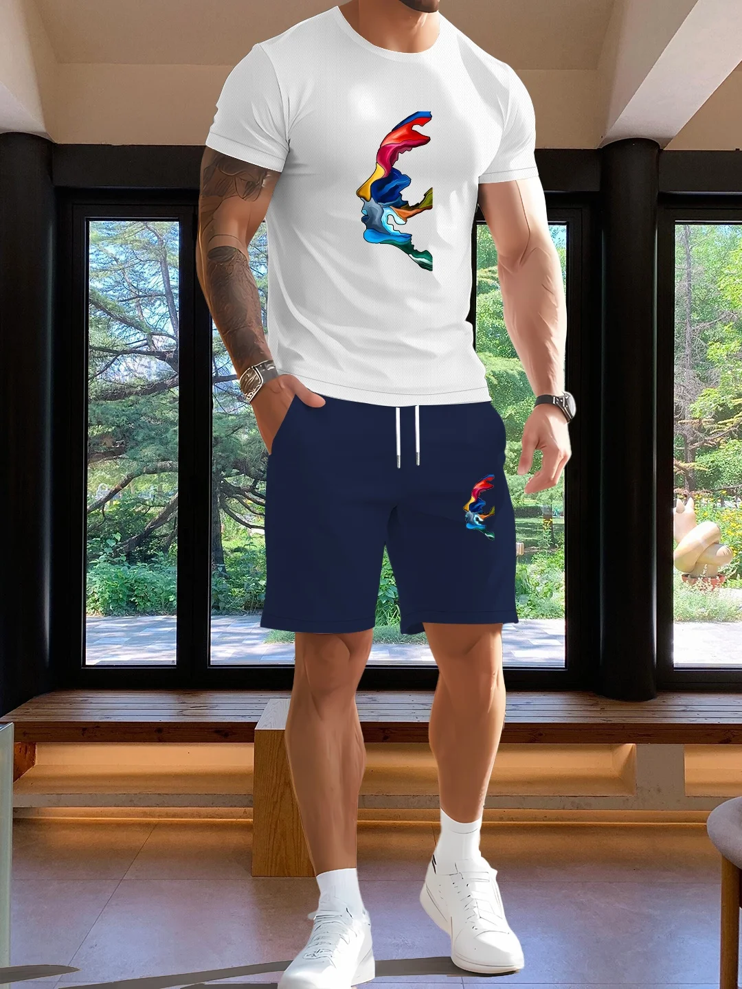 

Summer sports men's running suit round neck top casual T-shirt shorts two-piece set jogging breathable quick drying clothing