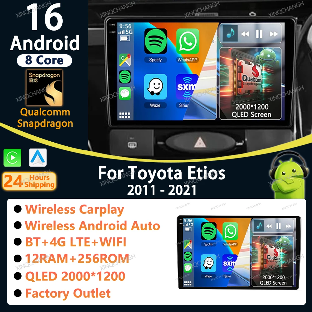 Radio para Auto Android 16 con Carplay para Toyota Etios 2011-2021, Accesorios Estéreo, Unidad Principal 2 DIN, Panel de Fascia, Marco para Video