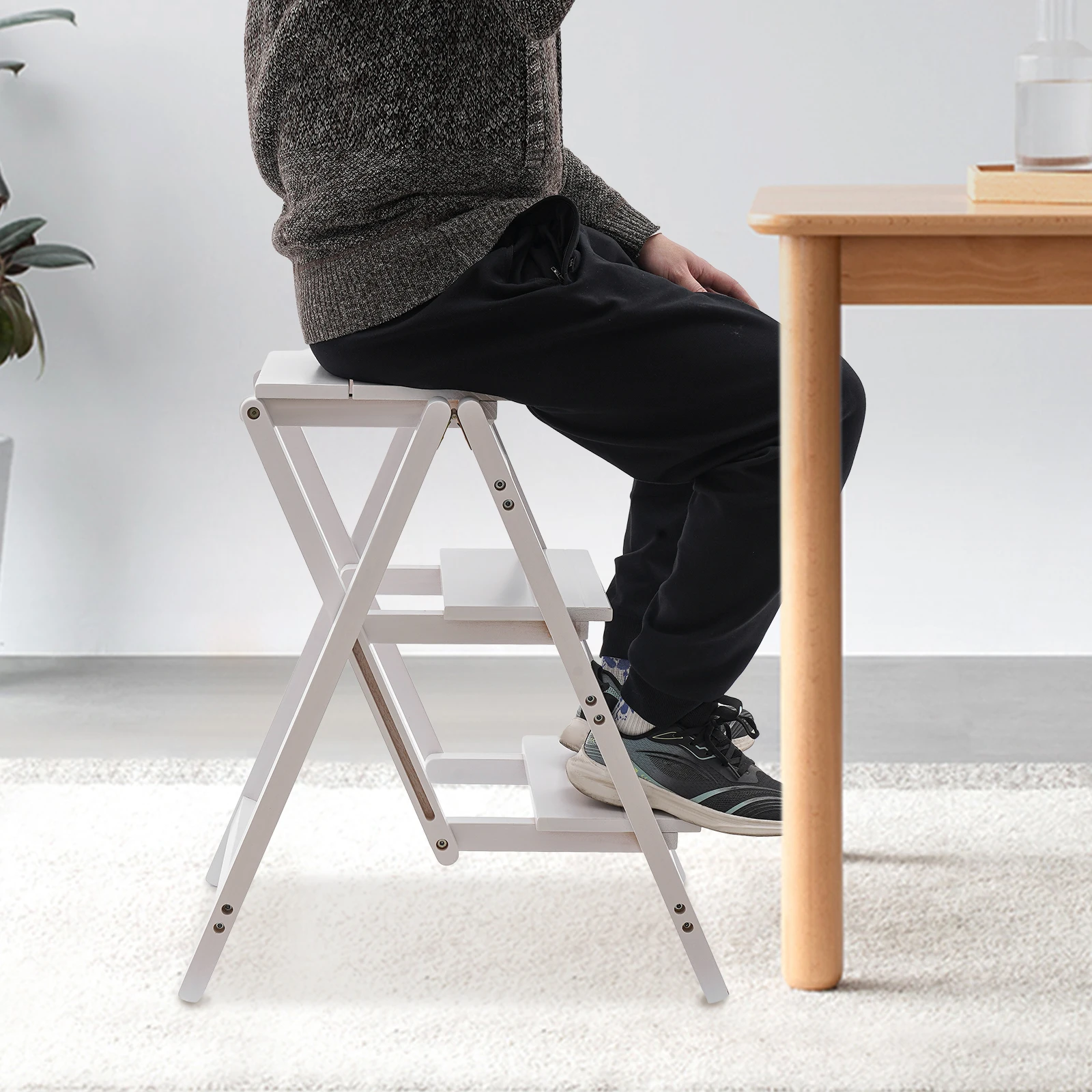 Chair Ladder, 3-Step Ladder Folding Step Stool Ladder Chair, White Pinewood Kitchen Step Stool Counter Chair for Kitchen, Bedroo