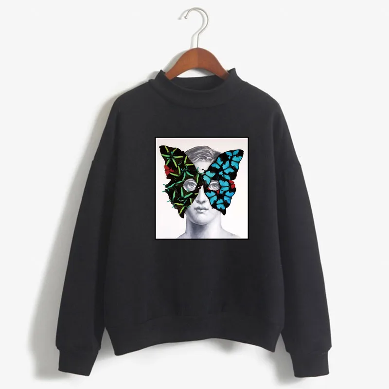 The statue of david michelangelo with butterfly Print Women Sweatshirt O-neck Knitted Pullover Thick Candy Color Lady Clothing