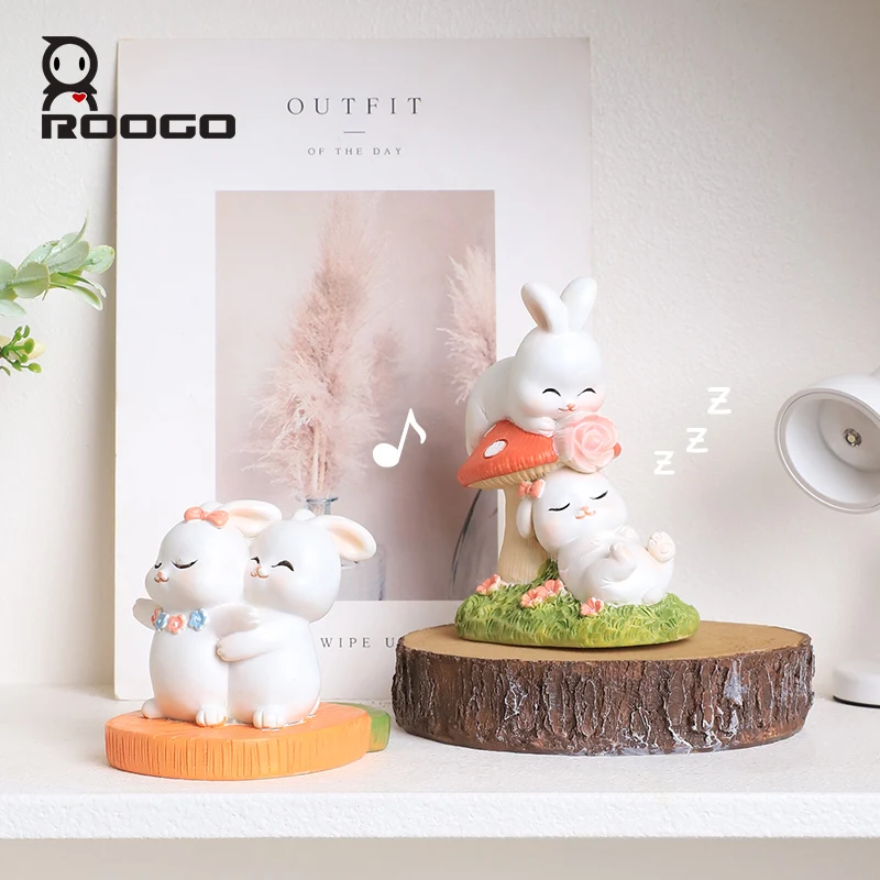 Roogo 1PC Figurie Mini Love Rabbit Ornament Resin Cartoon Rabbit Figurine For Garden Micro Landspace Home decor Gift  2023