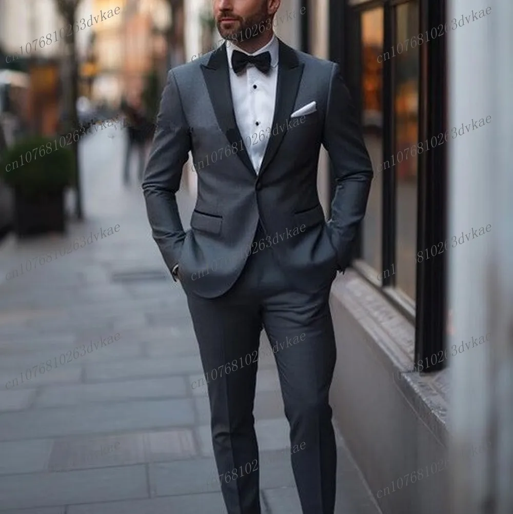 Black Lapel Dark Grey Business Men Suit Wedding Party Prom Groom Groomsman Formal Occasions Tuxedos 2 Piece Set Blazer Pants