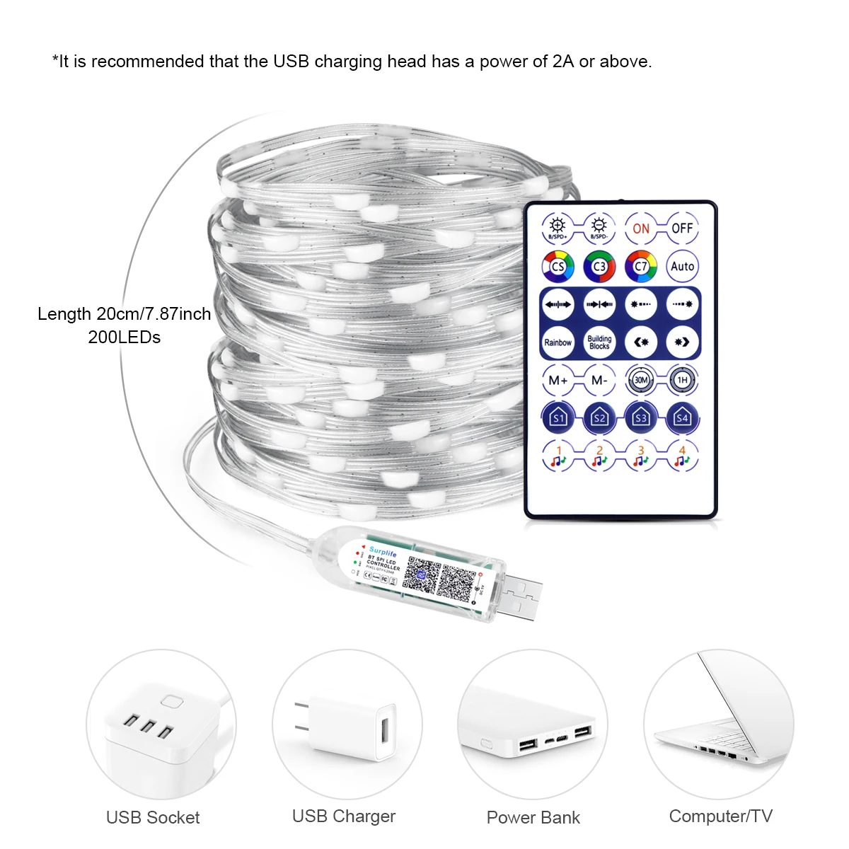 RGBIC lampu setrip LED USB dekorasi pohon Natal, lampu untai LED dekorasi Natal ruang taman luar ruangan pernikahan