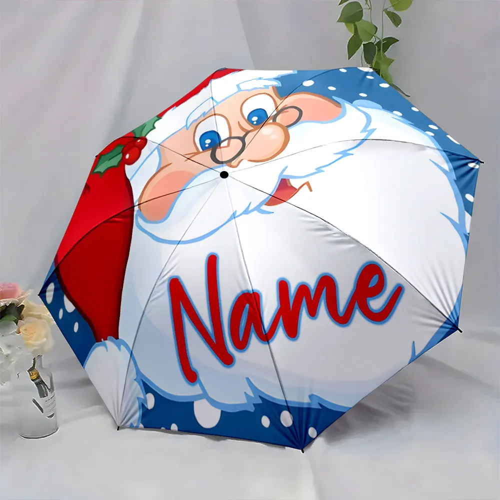 Custom Name Santa Claus Design Umbrella for Festive Season 8 Iron Ribs Folding Umbrella Auto-Open Fashionable Sunshade for Gift