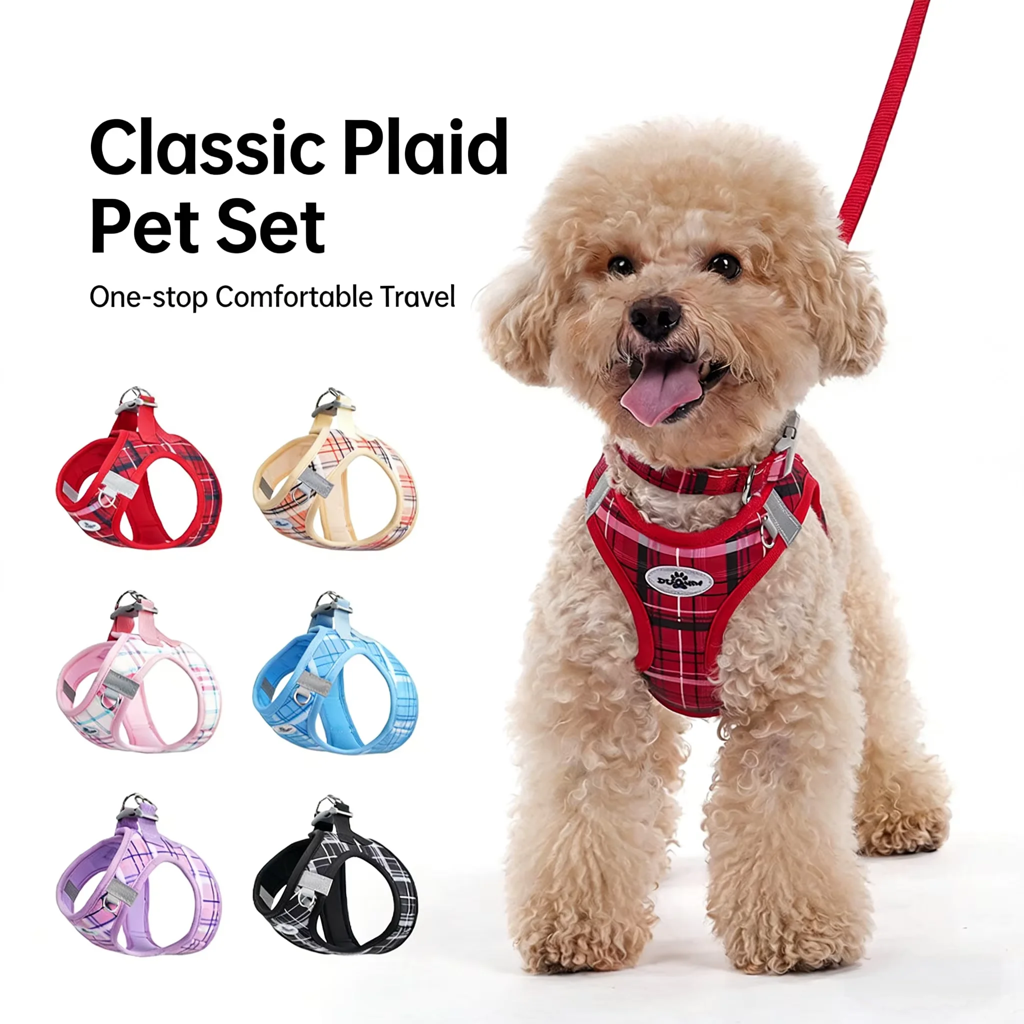 Klassisches Kariertes Haustier-Geschirr-Set, Dreiteilig, Stressabbauende Hundeleine, Westenartiges Hundegeschirr, Neujahrs-Hundegeschirr