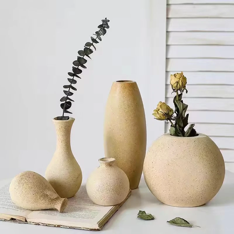 Florero de madera Retro decorativo para mesa, maceta de arreglo de flores secas, jarrón estético de estilo europeo, adornos de escritorio para el hogar