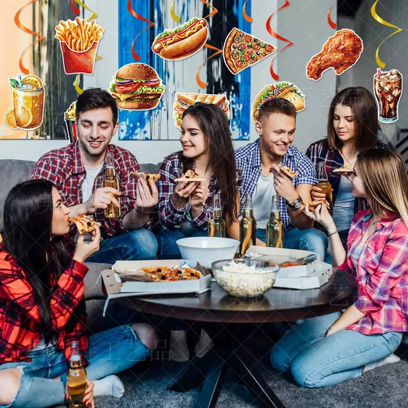 10pcs Fast Food Theme Birthday Spiral Hangings,Coke Chicken Legs Fries Burger Pizza Spiral Pendant