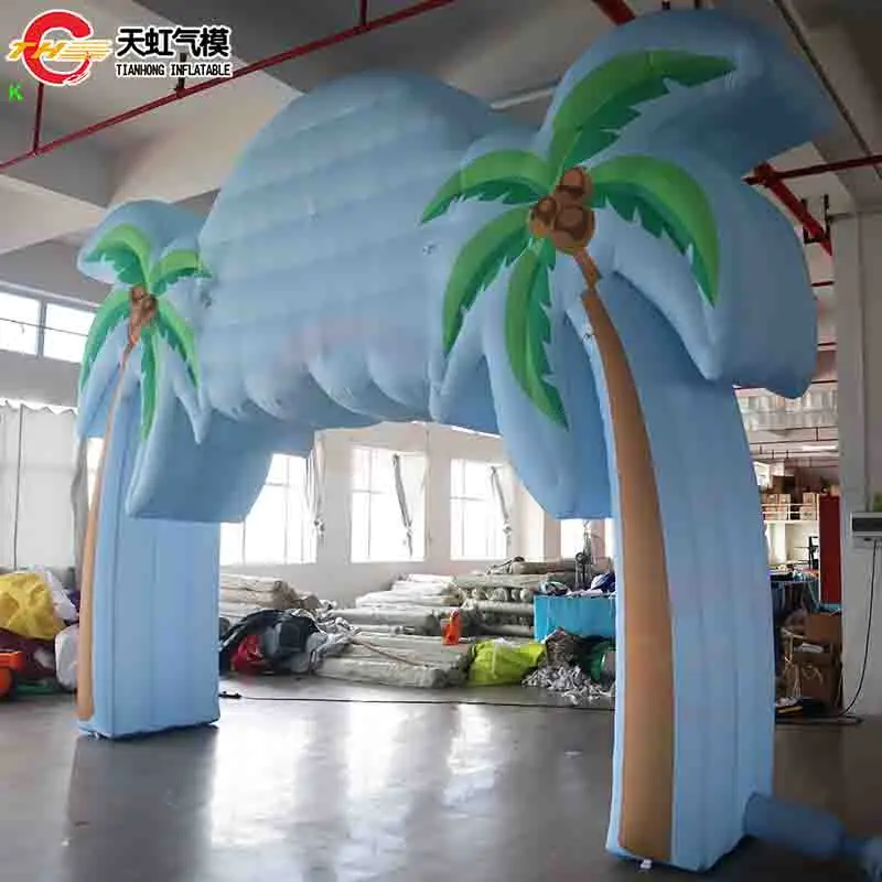6x4m ブルー インフレータブル パームアーチ ゲート エントランスデコレーション ココナッツツリーアーチドア ビーチ芝生装飾用