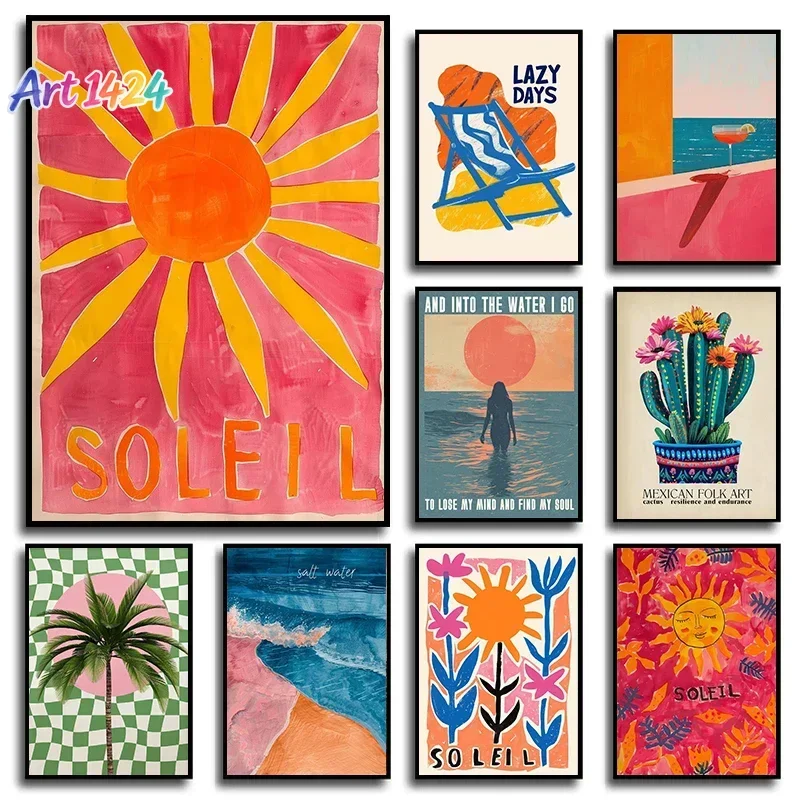 Abstract Colourful Sun Ocean Palm Tree Landscape Cactus Poster And Prints Canvas Printing Wall Art Picture For Living Room Decor