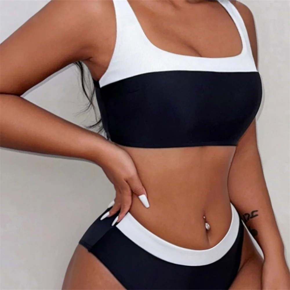 Sexy schwarzer Bikini weiß Y2K Patchwork Kordelzug rückenfrei Tankini Badeanzug Push Up Urlaub Bademode Frauen Strand Schwimmen Outfit