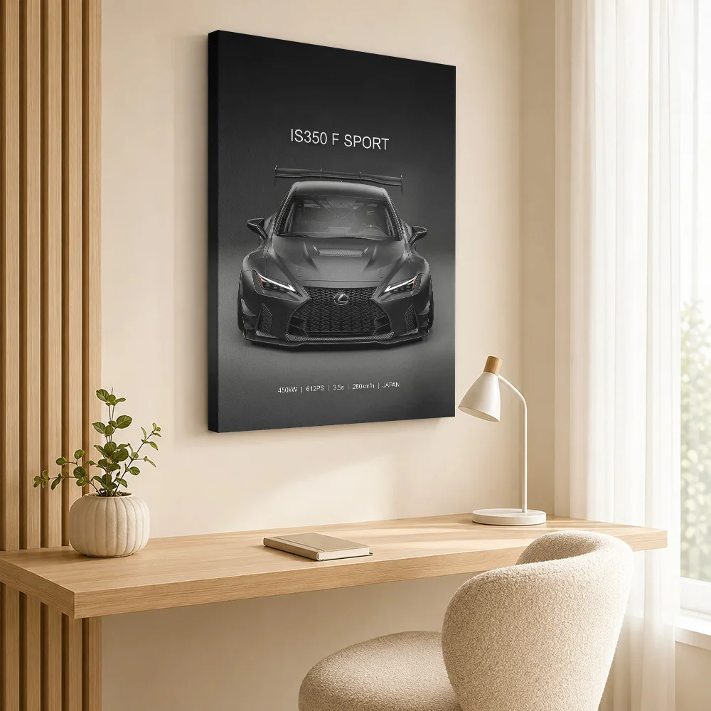 A sleek black Sports IS350 F SPORT Race Car Canvas Poster Personalized Retro Automotive Wall Paintings Decoration for Man Cave