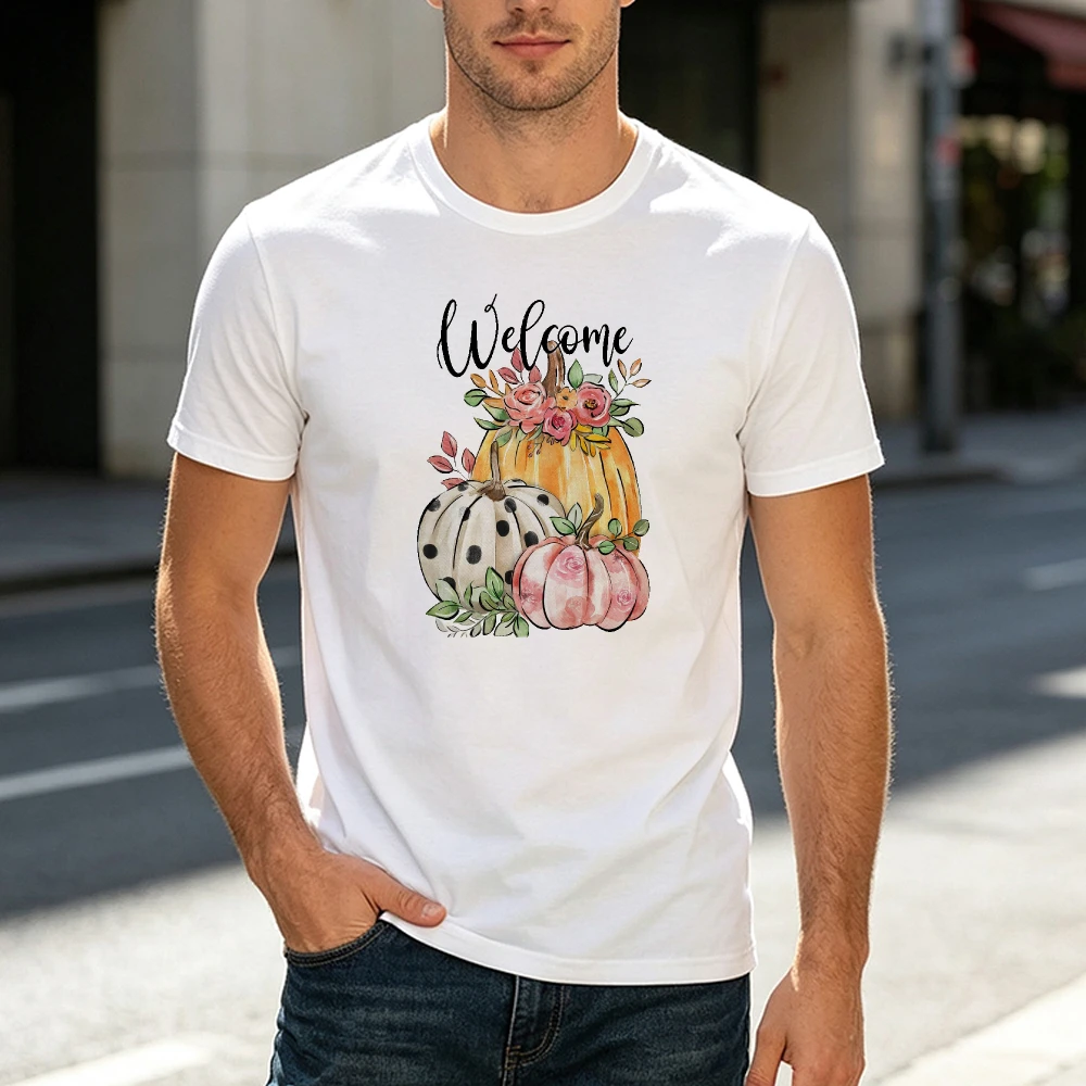 Welcome Autumn Floral Pumpkin Graphic White Shirt Harvest Season Men Tee Cozy Fall Top Cute Botanical Print T-Shirt
