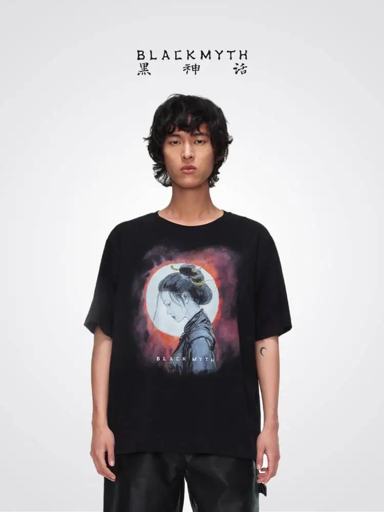 

Black Myth Cosplay Top Goku Unisex Artist Illustration Print Casual Comfortable Full Moon Night Short Sleeve T-Shirt