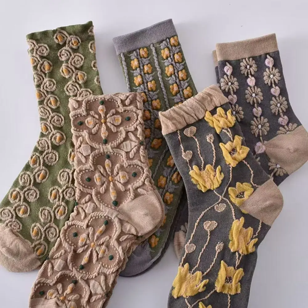 5 Pairs Vintage Japanese Floral Textured Socks 3D Textured Mid Calf 3D Embroidery Stockings Boho Ethnic Stacked Socks Women