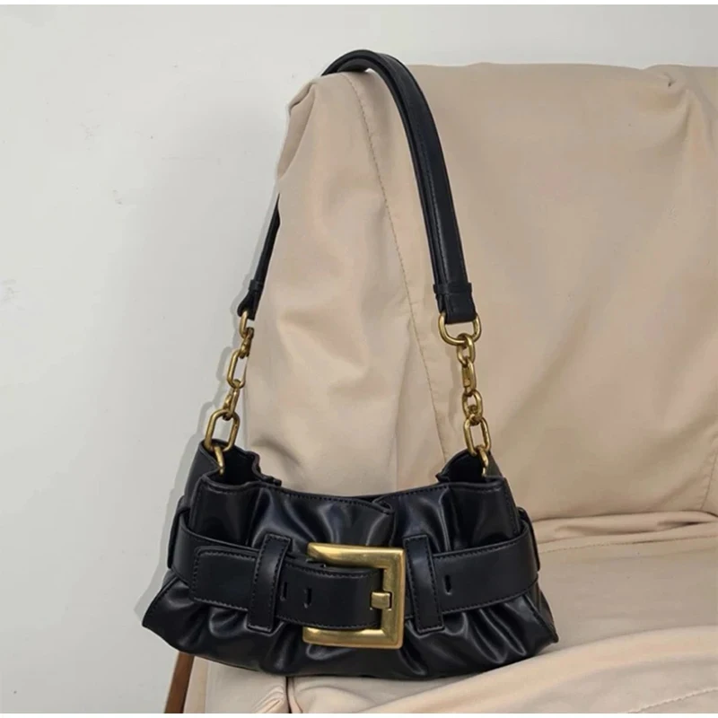 Luxury French Style Women Underarm Bag Half-moon Crossbody Bag With Chain Lock Pleated Wallet Design For Commuter Evening Party