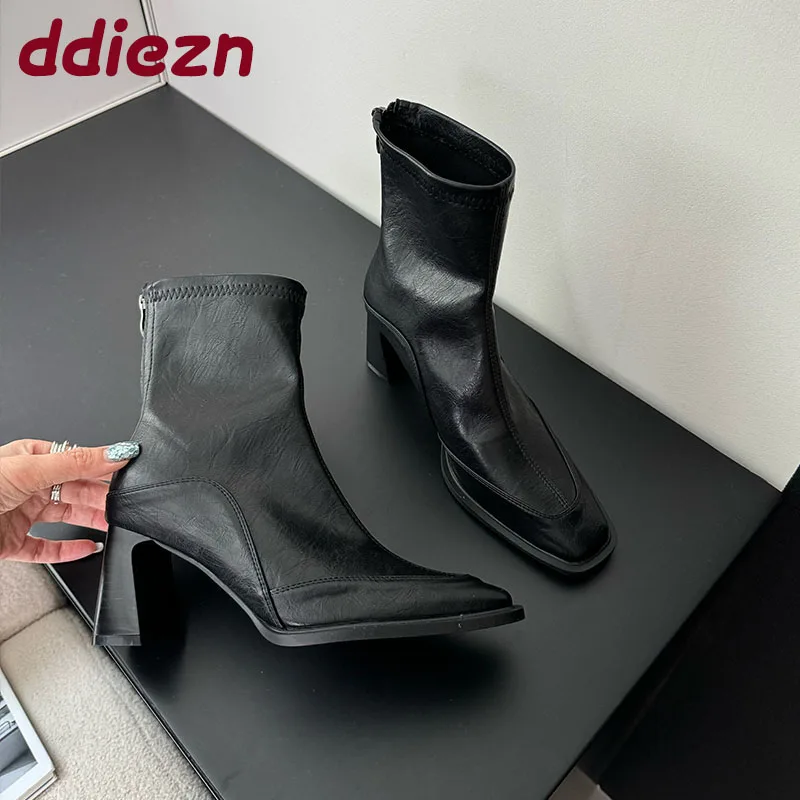 

Модные женские ботильоны на молнии, эластичные ботинки на каблуке, женская обувь для вечеринок, короткие современные ботинки, туфли-лодочки, женская обувь