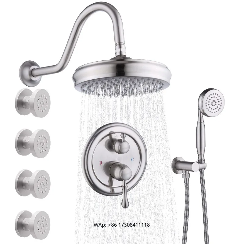 

Antique Brass Rain Shower System Wall Mounted Bathroom Set Polished Massage Rain, Including Body Nozzle