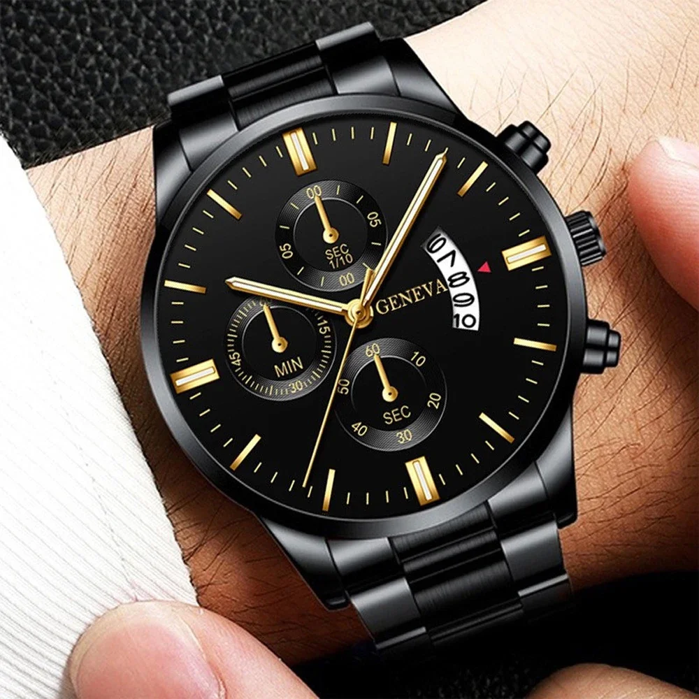 Klassische neue Genf Freizeit geschäft Quarz Männer Uhr Mode drei Augen Militär Edelstahl wasserdichte Gentleman Armbanduhr