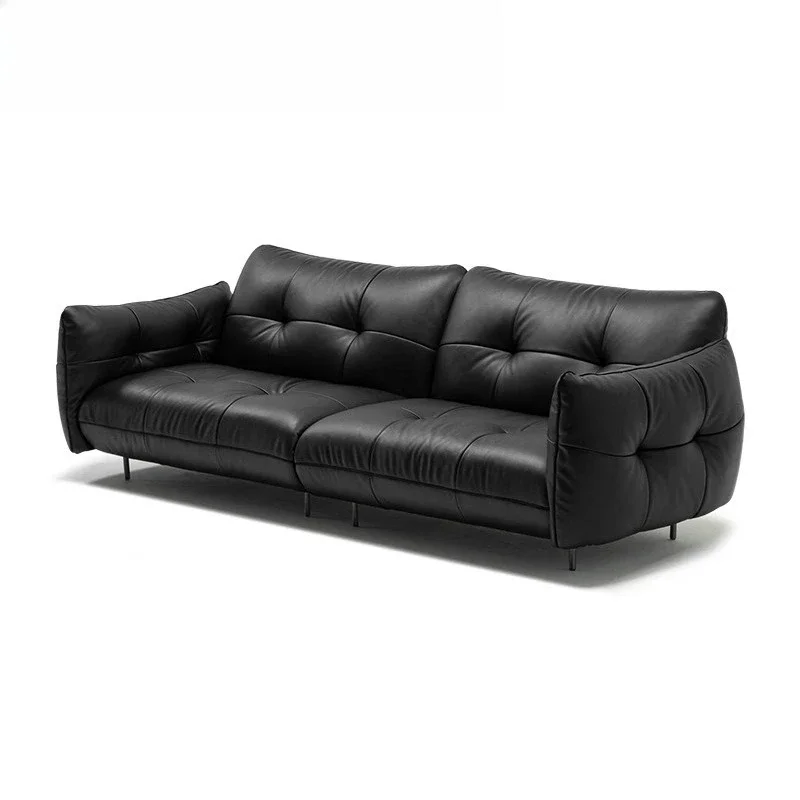 French retro leather sofa, living room straight three-person sofa black