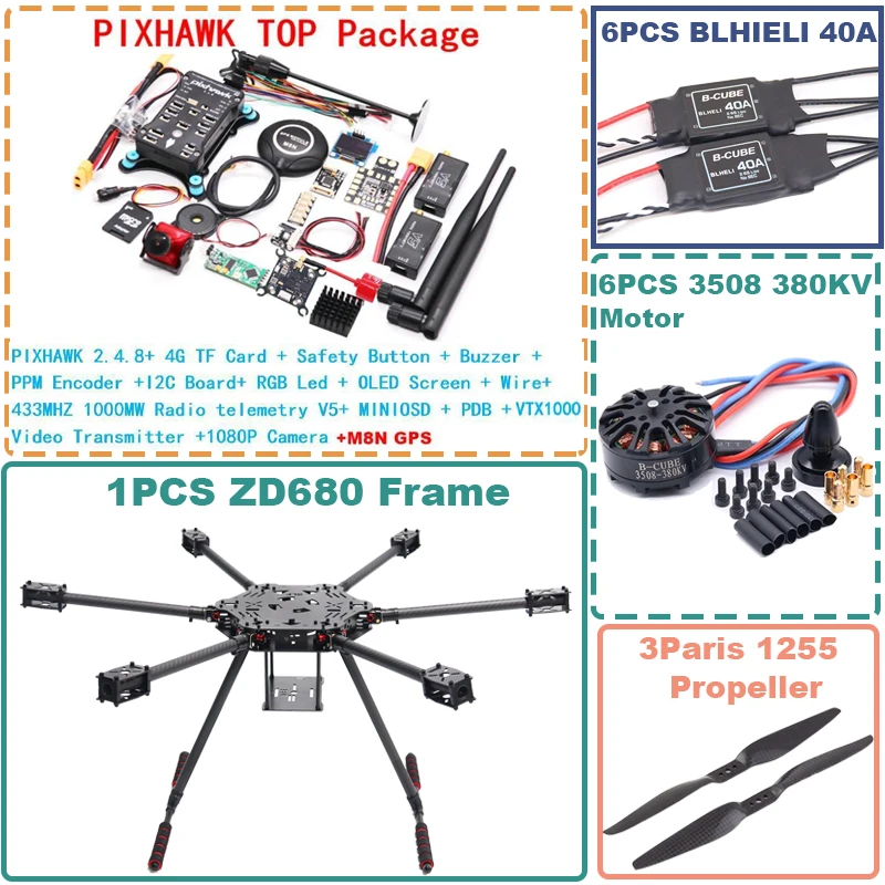 

Комплект рамы гексакоптера RCtoSky Ardupilot ZD680 из полностью карбонового волокна со складными лучами для радиоуправляемых систем PIXHAWK 2.4.8 и шасси
