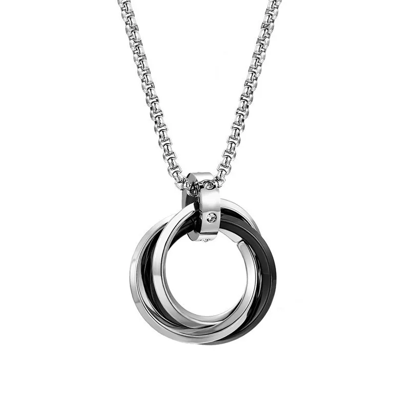 Titanium Steel Three Circle Ring Mens Pendant Inlaid Ring Buckle Personality Pendant Necklace Featured Daily Accessories Gift