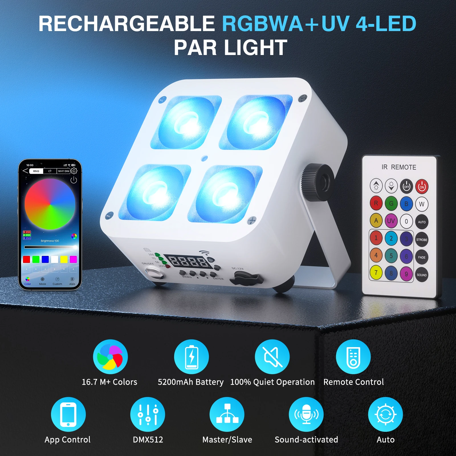 U'King 1/2/4 قطعة قابلة للشحن RGBWA + UV 4-LED الاسمية ضوء 4X15W الأبيض مربع Uplight 5200mAh بطارية DMX ضوء المرحلة لشريط الزفاف