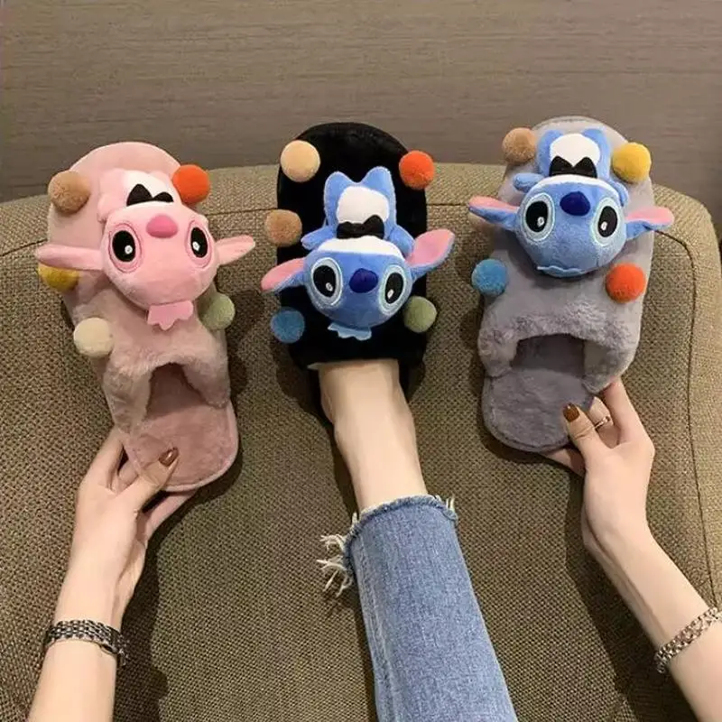 Zapatillas de algodón de dibujos animados Stich, muñeca de estilo creativo bonita y exquisita, zapatillas de piel con bolso a la moda para interiores para otoño e invierno