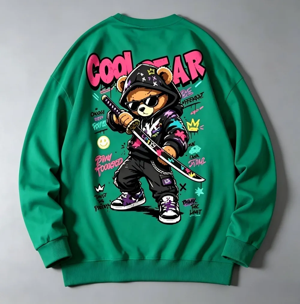 American Men's New Autumn Bear Samurai Sword Letter Print Soft and Comfortable Round Neck Long Sleeved T-Shirt Outdoor Street We
