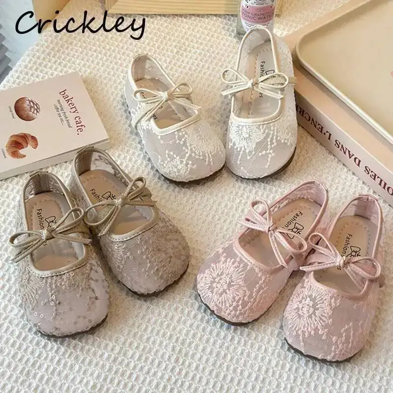 Embroidered Flowers Baby Girls Flats Shoes Bow Elastic Band Kids Princess Shoes Summer Breathable Toddler Children Ballet Flats