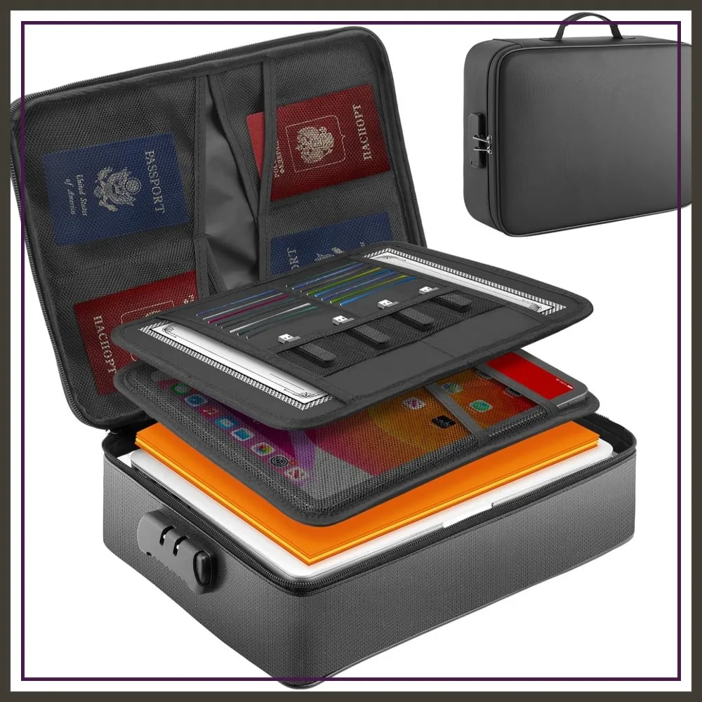

Fireproof Waterproof Document Bag with Lock - Portable Organizer for Important Files, Passport, Laptop, Certificates, Cards