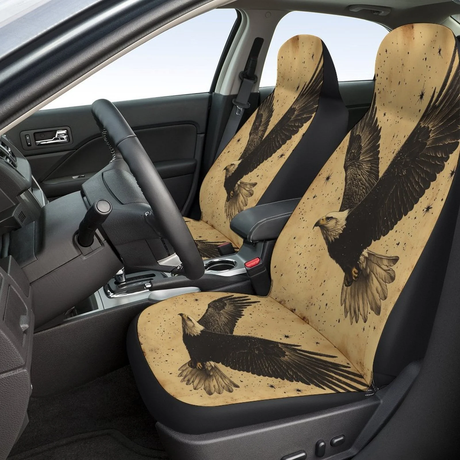 Soaring Eagle Themed Car Seat Cover Set - Full Set For 2 Front & Rear Seats, Durable Polyester, Non-Slip Backing, Machine Washab