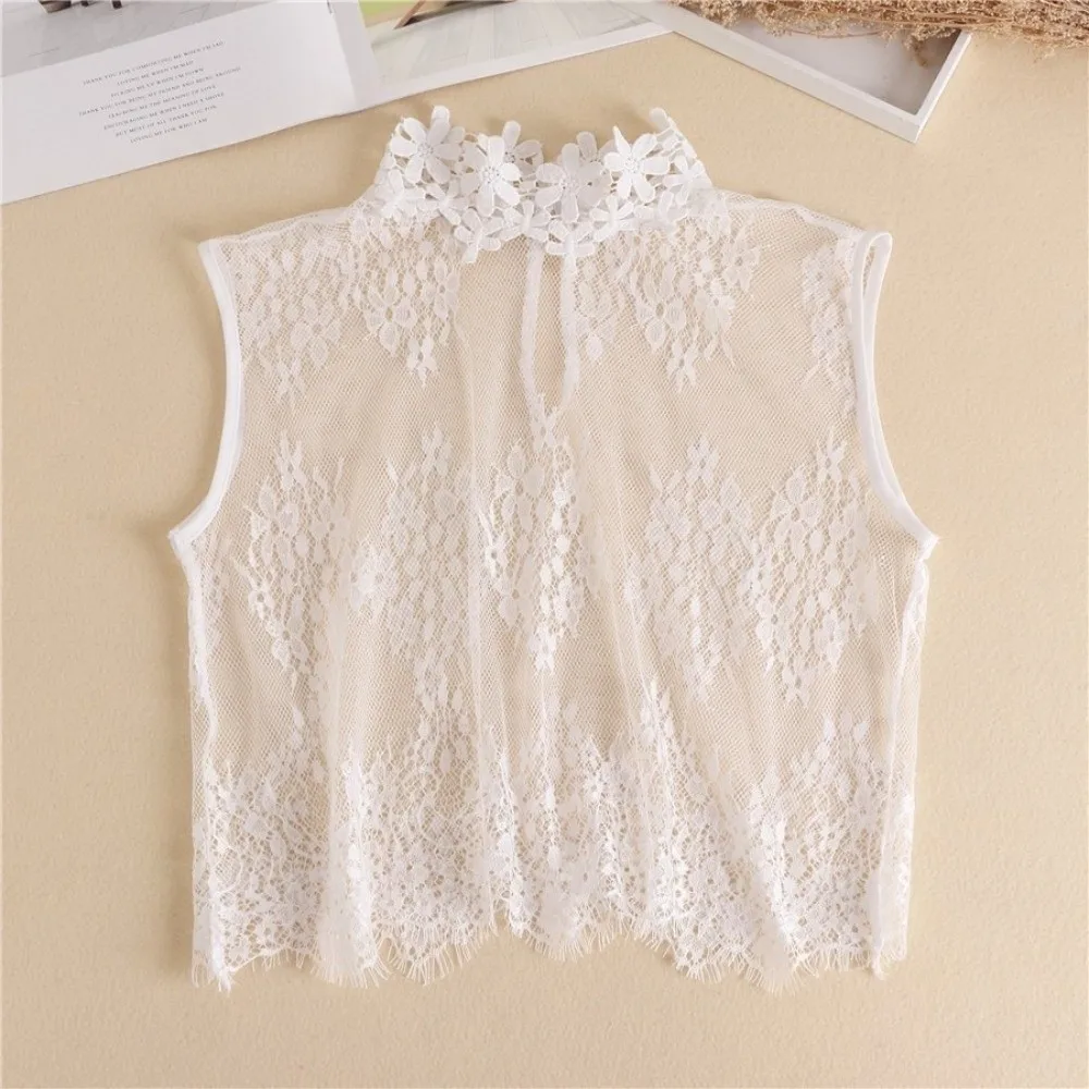 White Lace Trim False Collar Top Ruffled Flower Stand Collar False Blouse Detachable Lapel Hollow Out Clothes Accessories