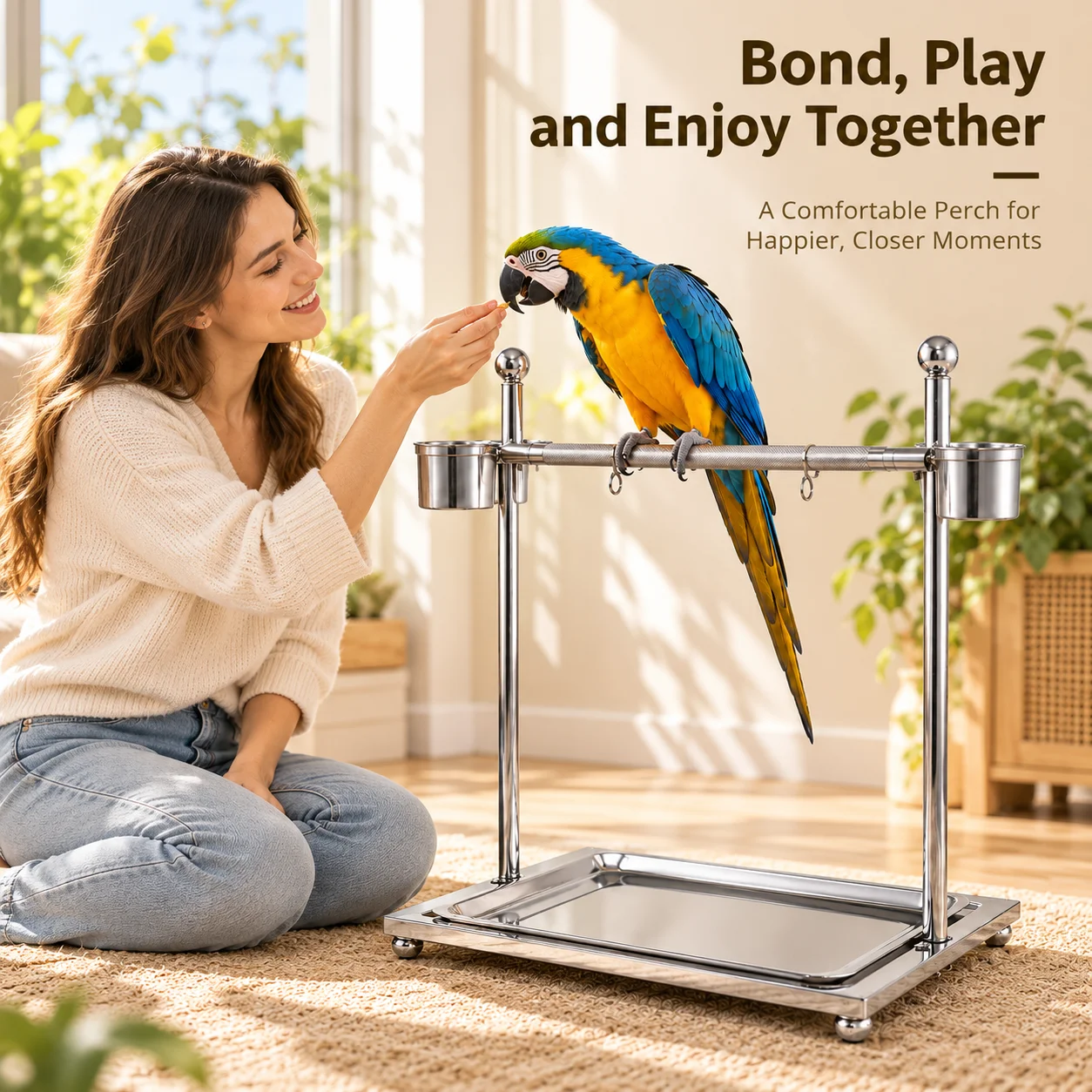AOLIVIYA Stainless Steel Parrot Play Stand Freestanding Bird Perch Training Station With 2 Feeding Cups Removable Tray