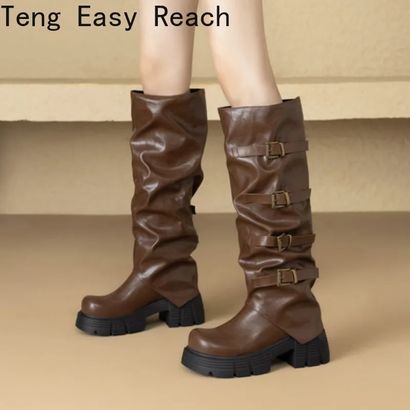 

Осенне-зимние винтажные женские рыцарские сапоги до колена, женская элегантная обувь на толстом низком каблуке с пряжкой на ремне в стиле вестерн, ковбойские боты