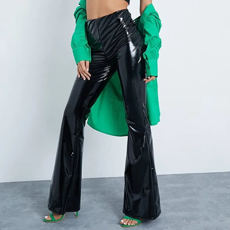

High Waist Faux Latex Leather Flare Pants Women Flare Leg Trouser Bell Bottom Pants Ladies Vintage PU Y2K Trousers Clubwear