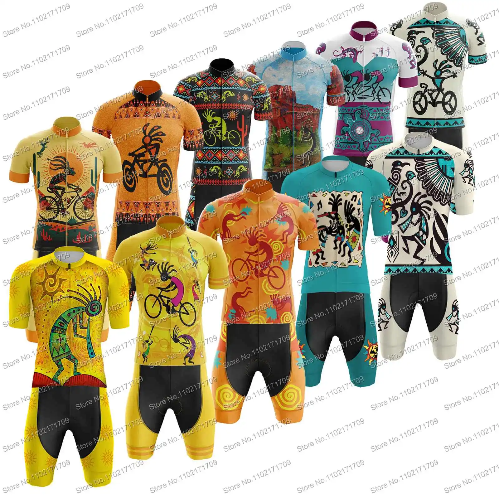 Conjunto de ropa de Ciclismo para Hombre, Maillot divertido para bicicleta de Kokopelli, ropa Tribal amarilla para hacer garabatos, verano 2024