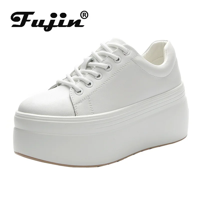 Fujin Genuine Leather Women Casual Shoes Super Thick 8cm Platform Wedge Women Fashion Sneakers Chunky Shoes Summer Skateboard