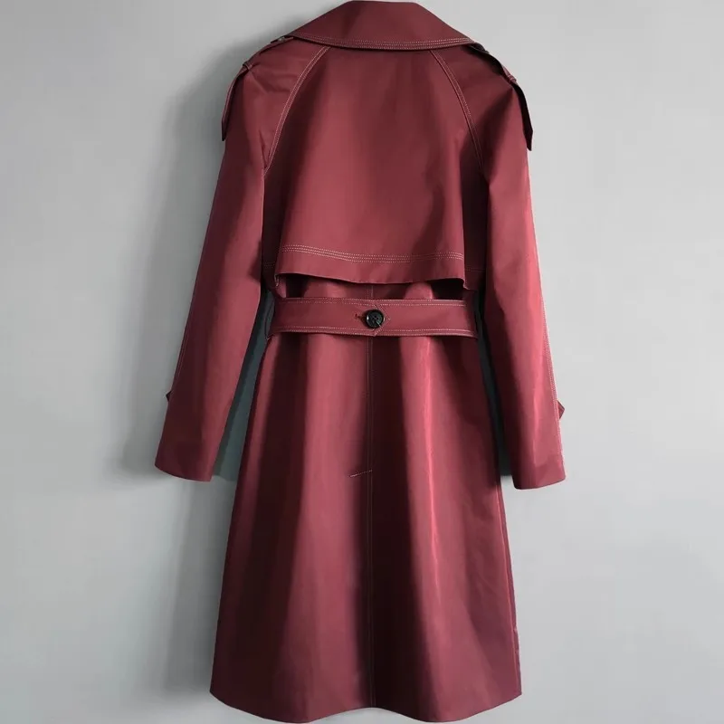 Vintage Burgundy Black Trench Coat Women Spring Autumn Long Sleeve Windbreaker Mid Long Belt Big Pocket Loose Overcoat Female