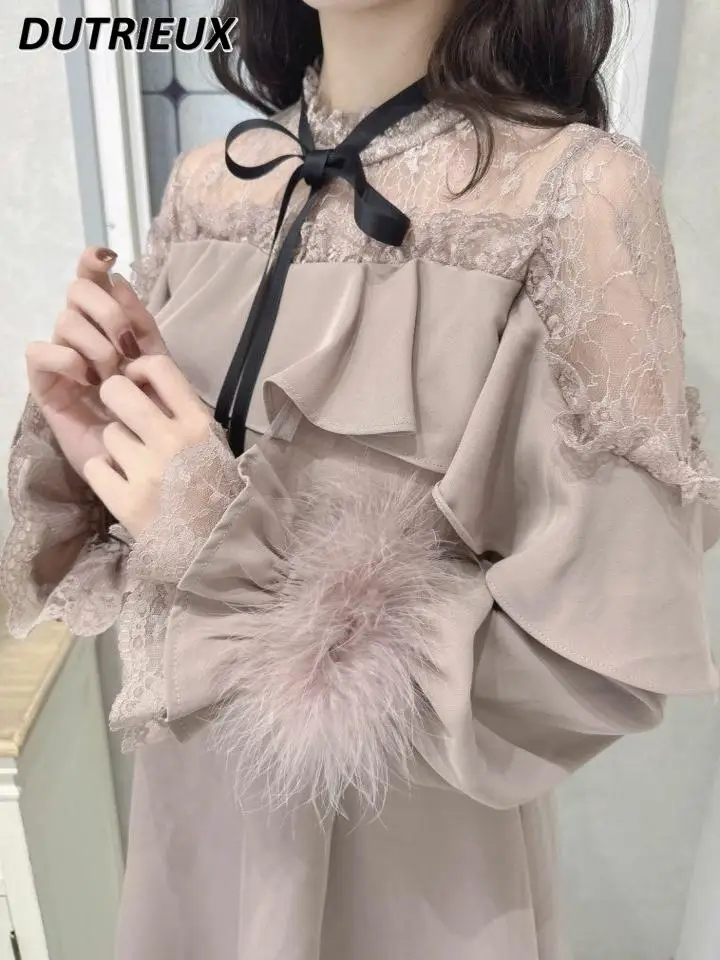 Vestidos de manga larga bonitos y dulces de Color liso para mujer, vestido informal con cuello empalmado y volantes de encaje con lazo y hombros descubiertos para primavera y otoño