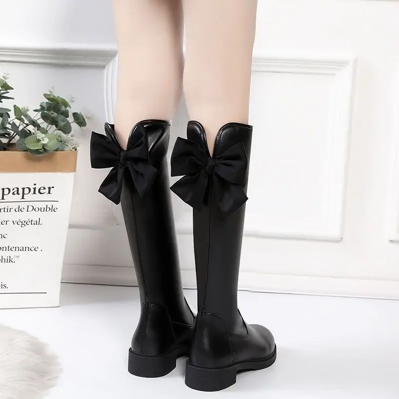 Footwear Flat Ladies Boots Long Winter Knee High Shaft Shoes for Women Black Elegant with Low Heels Waterproof New in Sale Pu 39