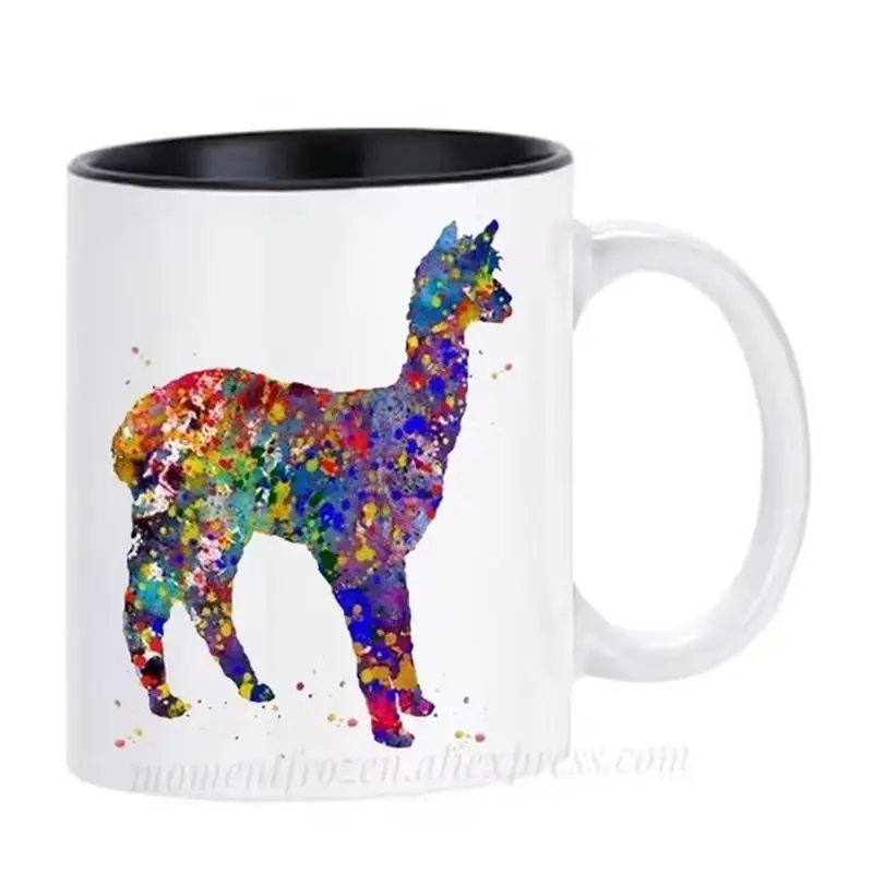 Watercolor Alpaca Mug Ceramic LLAMA Coffee Mugs Camel Porcelain Cup Tea Art Mugen Temperature Color Change Heating Mugs Teaware